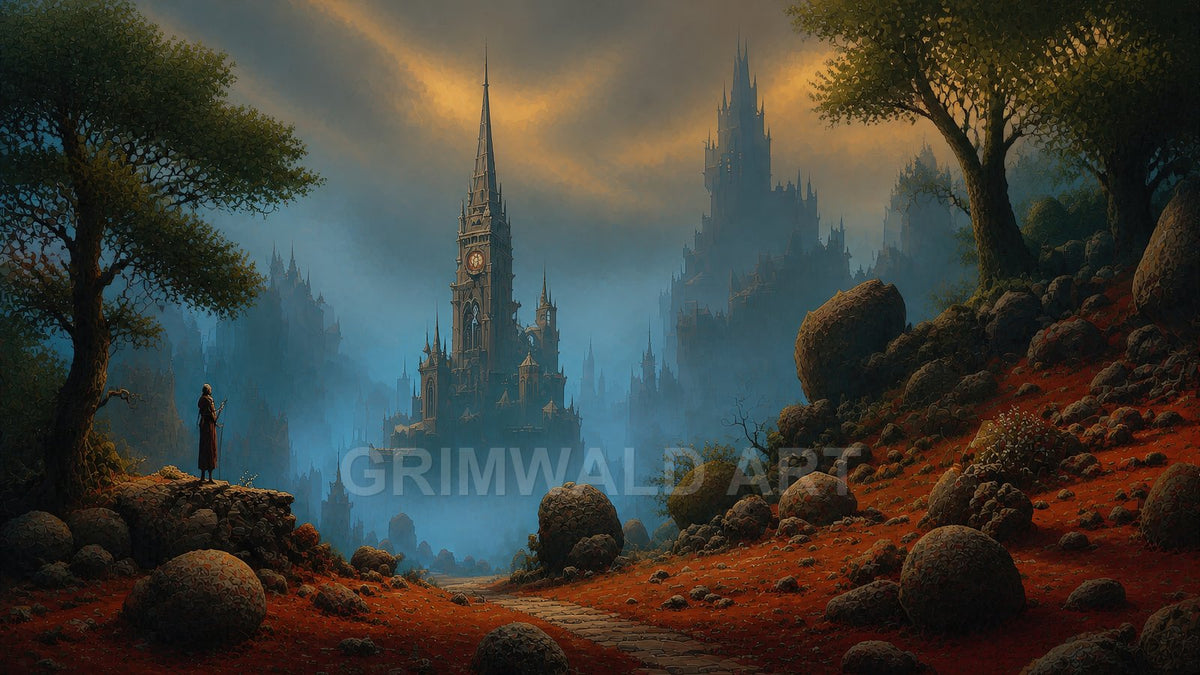 Gothic spired castle with clock tower rises from a misty valley, approached by a winding path through red rocky terrain and trees at twilight.