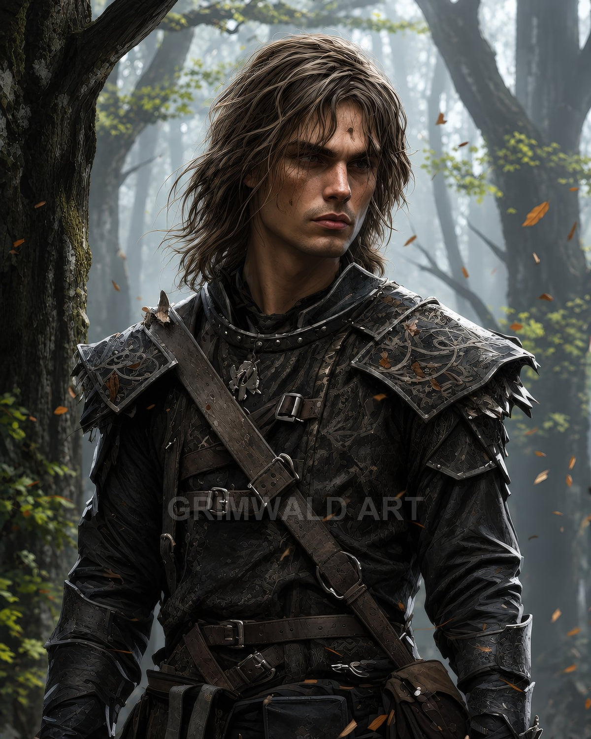 Armoured male ranger stands in a misty forest, dark leather and etched steel gear, sword strapped, wind-tossed hair and autumn leaves drifting.