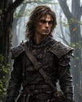 GRID THUMBNAIL — Armoured male ranger stands in a misty forest, dark leather and etched steel gear, sword strapped, wind-tossed hair and autumn leaves drifting.