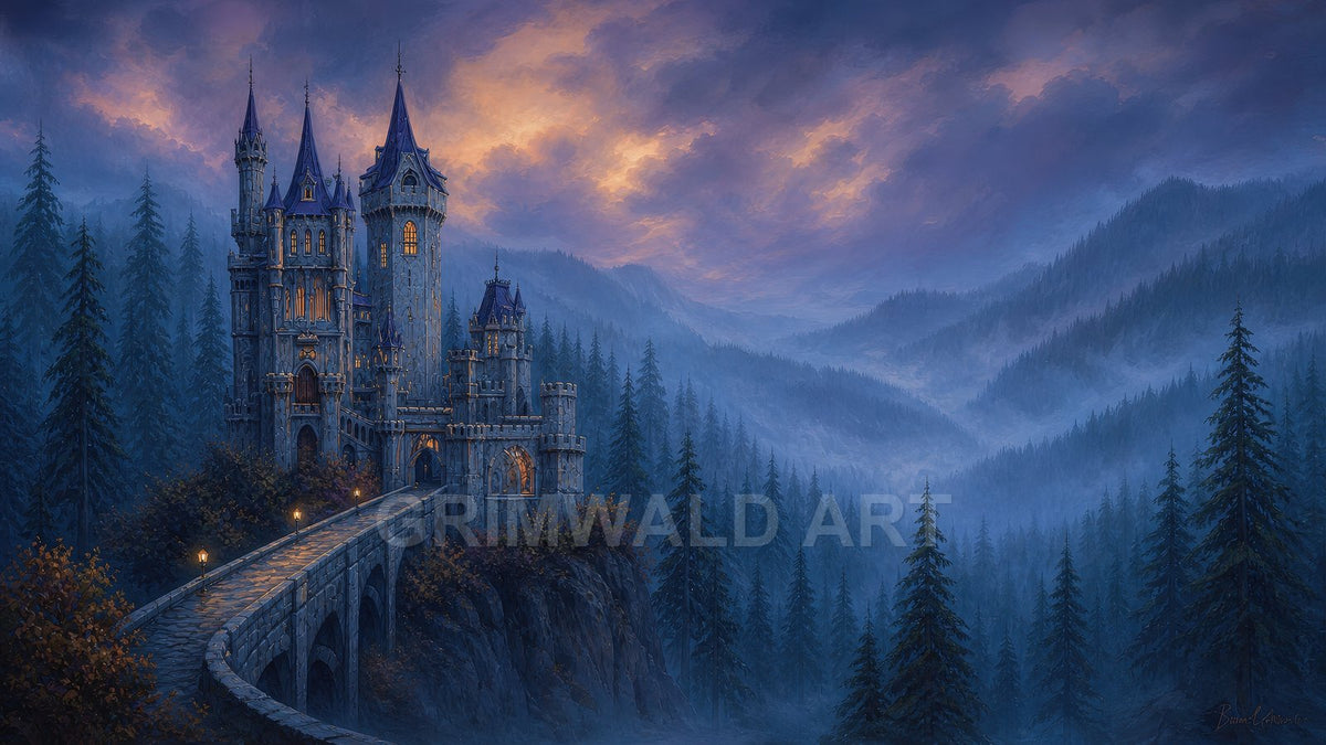 Grand gothic stone castle with lit windows atop a cliff, reached by a lamplit bridge, amid pine forests and misty mountain valleys at twilight.