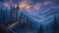 GRID THUMBNAIL — Grand gothic stone castle with lit windows atop a cliff, reached by a lamplit bridge, amid pine forests and misty mountain valleys at twilight.