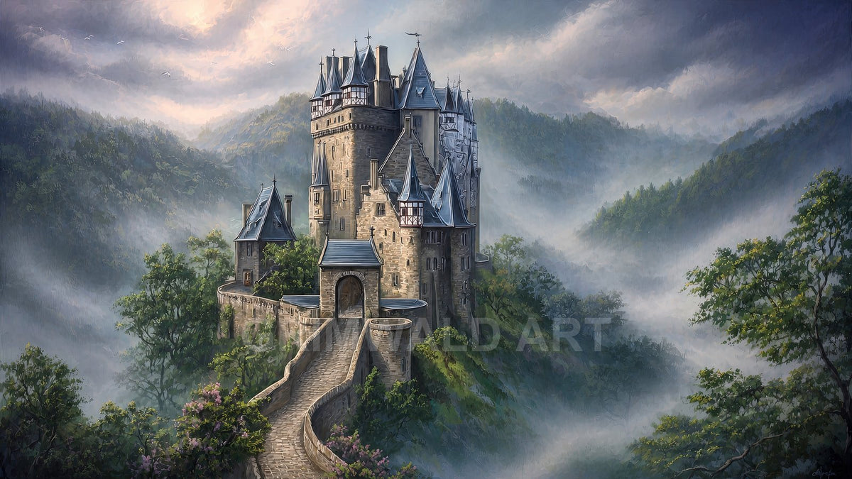 Stone castle with tall spires on a forested mountain, reached by a winding bridge, surrounded by mist and soft golden light.