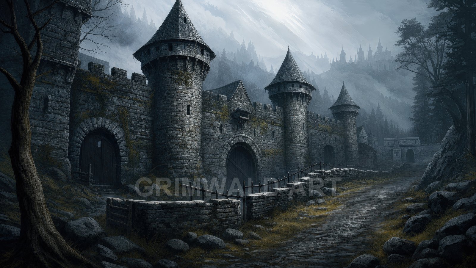 Misty stone fortress with round towers lines a winding cobbled road through dark pines, mountains and a distant citadel under overcast daylight.