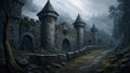 GRID THUMBNAIL — Misty stone fortress with round towers lines a winding cobbled road through dark pines, mountains and a distant citadel under overcast daylight.