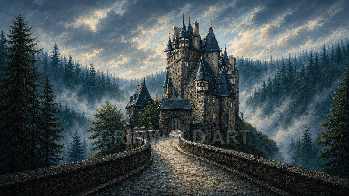 A winding stone bridge leads to a towering medieval-style castle amid misty pine forests and mountains, under a dramatic cloud-streaked daytime sky.