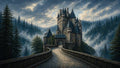 GRID THUMBNAIL — A winding stone bridge leads to a towering medieval-style castle amid misty pine forests and mountains, under a dramatic cloud-streaked daytime sky.