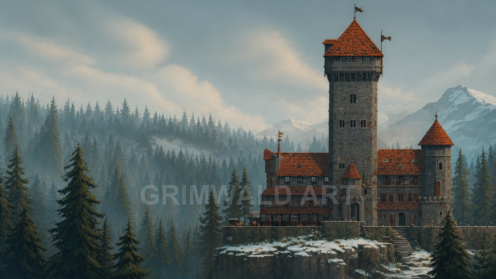 Tall stone castle with red roofs perched on a snowy cliff above a misty pine forest, with distant mountains under a grey daytime sky.
