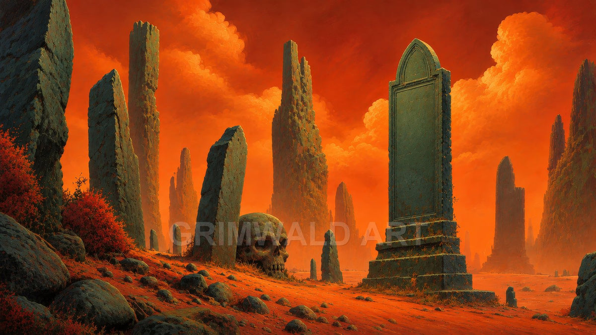 A towering tomb-like monolith rises over a barren red desert, surrounded by jagged stone pillars and a half-buried giant skull under an orange sky.