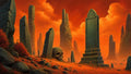 GRID THUMBNAIL — A towering tomb-like monolith rises over a barren red desert, surrounded by jagged stone pillars and a half-buried giant skull under an orange sky.