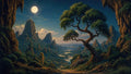 GRID THUMBNAIL — Moonlit fantasy valley with jagged mountain spires, a gnarled tree in the foreground, winding rivers and a bright full moon overhead.