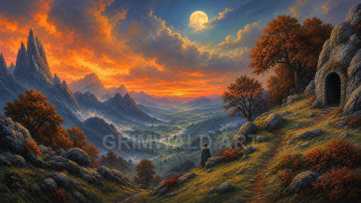 Dramatic orange sunset and full moon above jagged mountains, a winding river valley, autumn trees, and a stone-arched cave with a lone cloaked figure.