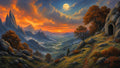 GRID THUMBNAIL — Dramatic orange sunset and full moon above jagged mountains, a winding river valley, autumn trees, and a stone-arched cave with a lone cloaked figure.