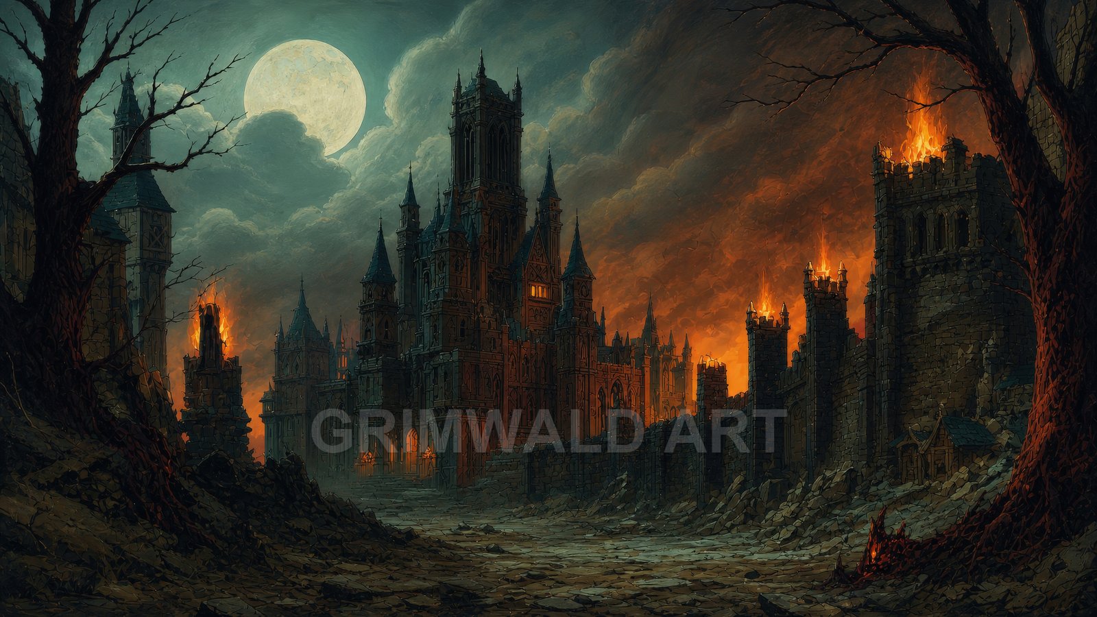 A vast gothic castle and city walls burn beneath a full moon, with towering spires, stormy clouds, barren trees, and an empty cobblestone road.