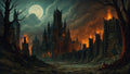 GRID THUMBNAIL — A vast gothic castle and city walls burn beneath a full moon, with towering spires, stormy clouds, barren trees, and an empty cobblestone road.