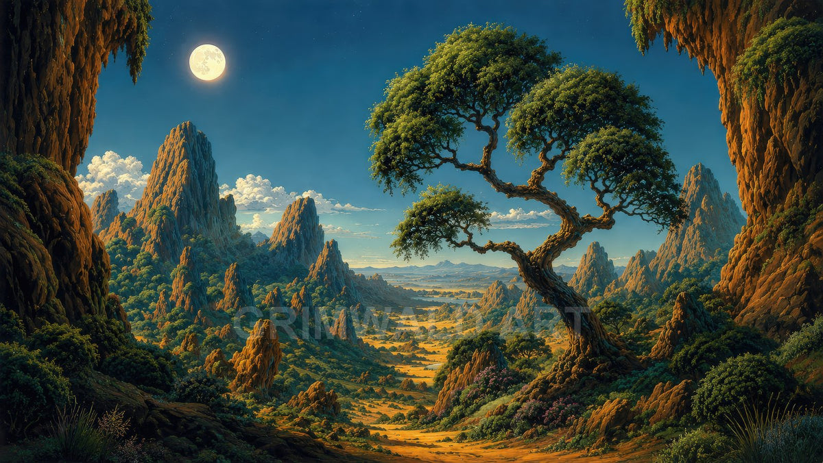 A panoramic fantasy valley of rocky spires and lush trees, a leaning gnarled foreground tree, and a bright full moon in a blue twilight sky.