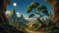 GRID THUMBNAIL — A panoramic fantasy valley of rocky spires and lush trees, a leaning gnarled foreground tree, and a bright full moon in a blue twilight sky.