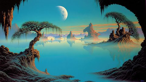 GRID THUMBNAIL — Surreal moonlit lake with gnarled, moss-draped trees on rocky islets, misty reflections, spire-like formations, and a large moon under a teal twilight sky.