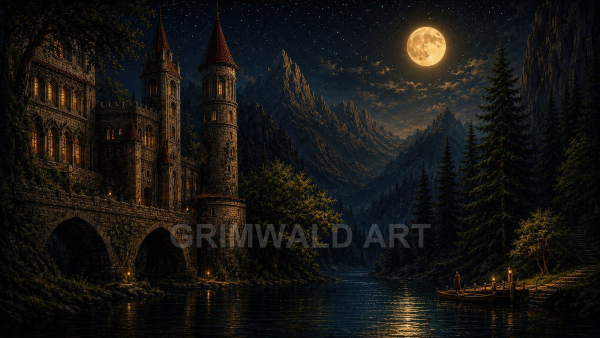 Moonlit medieval castle above river with arched bridge, pine forest and jagged mountains under starry sky, lantern-lit jetty with small boats.