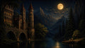 GRID THUMBNAIL — Moonlit medieval castle above river with arched bridge, pine forest and jagged mountains under starry sky, lantern-lit jetty with small boats.