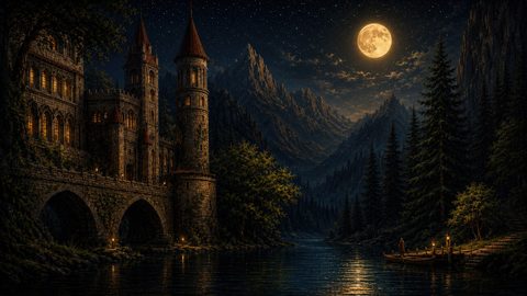 GRID THUMBNAIL — Moonlit medieval castle above river with arched bridge, pine forest and jagged mountains under starry sky, lantern-lit jetty with small boats.