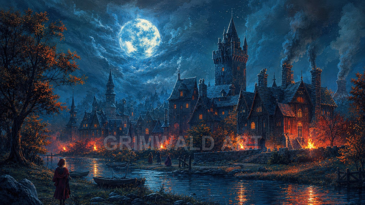 Moonlit medieval city of gothic towers beside a calm river, chimneys smoking and torches glowing, with autumn trees and moored rowboats in the foreground.