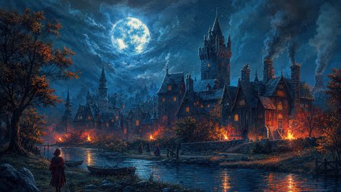 GRID THUMBNAIL — Moonlit medieval city of gothic towers beside a calm river, chimneys smoking and torches glowing, with autumn trees and moored rowboats in the foreground.