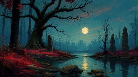 GRID THUMBNAIL — Full moon lighting a tranquil forest river with red groundcover, gnarled trees, and weathered stone pillars, reflected in teal water under a misty night sky.