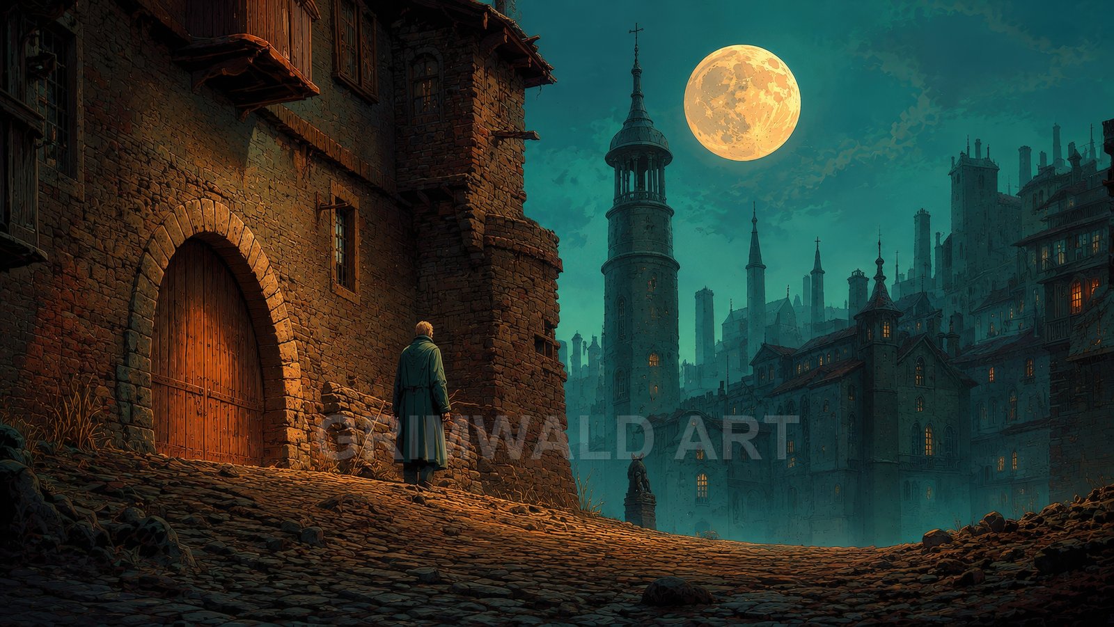 Moonlit medieval city with tall tower, glowing windows, and a lone figure on a cobblestone street beneath a large full moon.