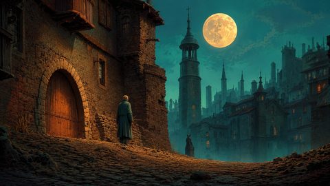 GRID THUMBNAIL — Moonlit medieval city with tall tower, glowing windows, and a lone figure on a cobblestone street beneath a large full moon.