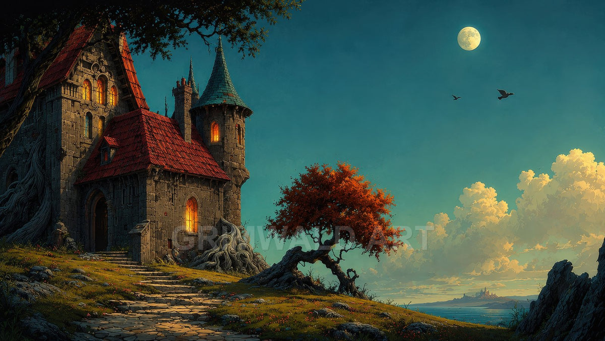 Moonlit fantasy coastline with small stone castle, warm glowing windows, red roof, twisted tree, distant city across water, birds, cobblestone path.