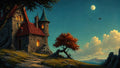 GRID THUMBNAIL — Moonlit fantasy coastline with small stone castle, warm glowing windows, red roof, twisted tree, distant city across water, birds, cobblestone path.