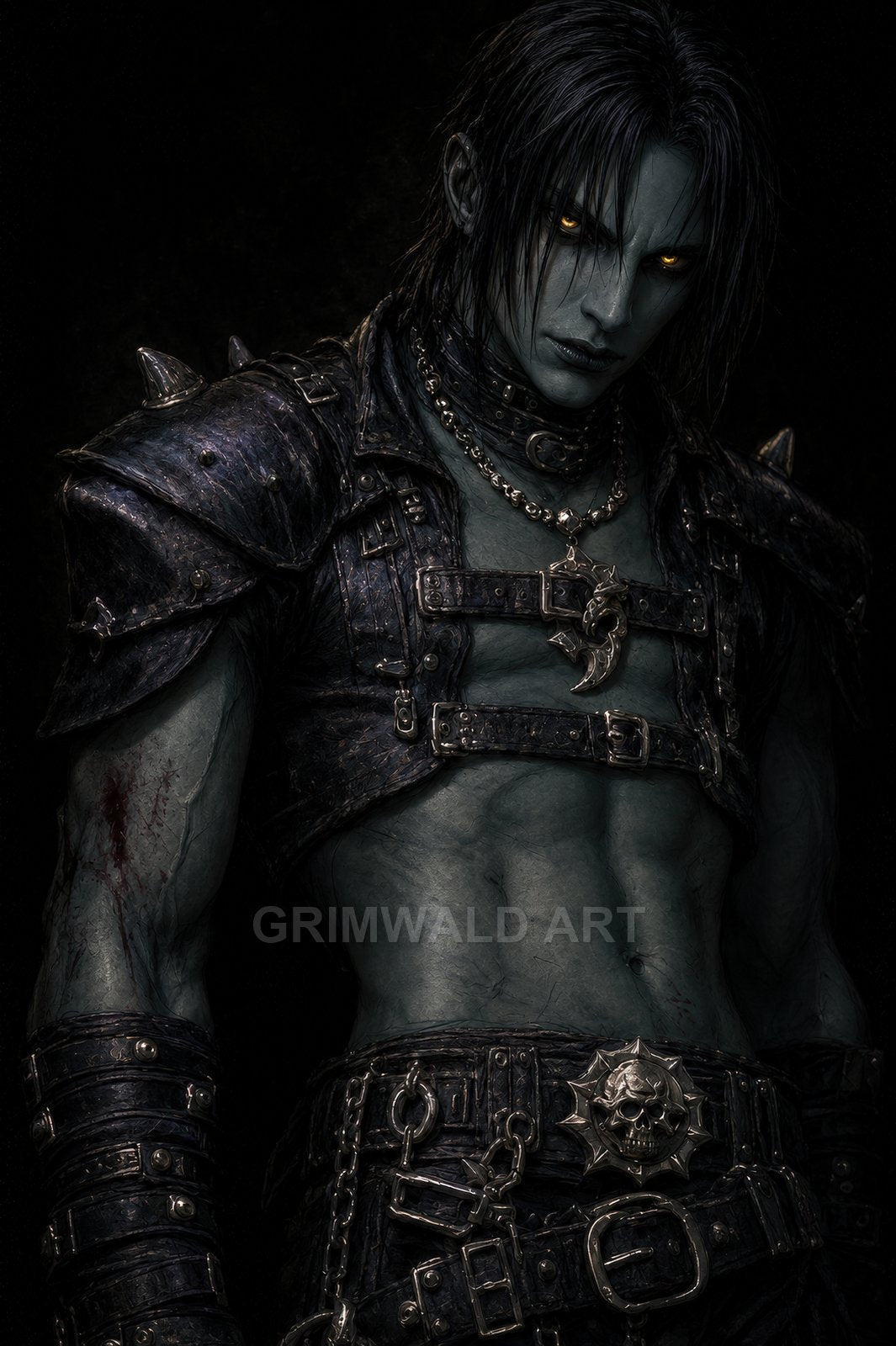 Undead male warrior with glowing yellow eyes wearing spiked leather armour, chains and skull belt, a crescent pendant at his throat, posed against darkness.