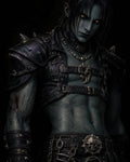 GRID THUMBNAIL — Undead male warrior with glowing yellow eyes wearing spiked leather armour, chains and skull belt, a crescent pendant at his throat, posed against darkness.