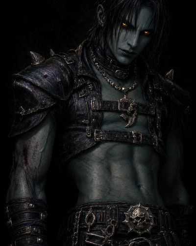 GRID THUMBNAIL — Undead male warrior with glowing yellow eyes wearing spiked leather armour, chains and skull belt, a crescent pendant at his throat, posed against darkness.