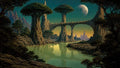 GRID THUMBNAIL — A moonlit fantasy landscape with colossal tree-crowned pillars linked by stone arches above a reflective green river, under stars and distant jagged peaks.