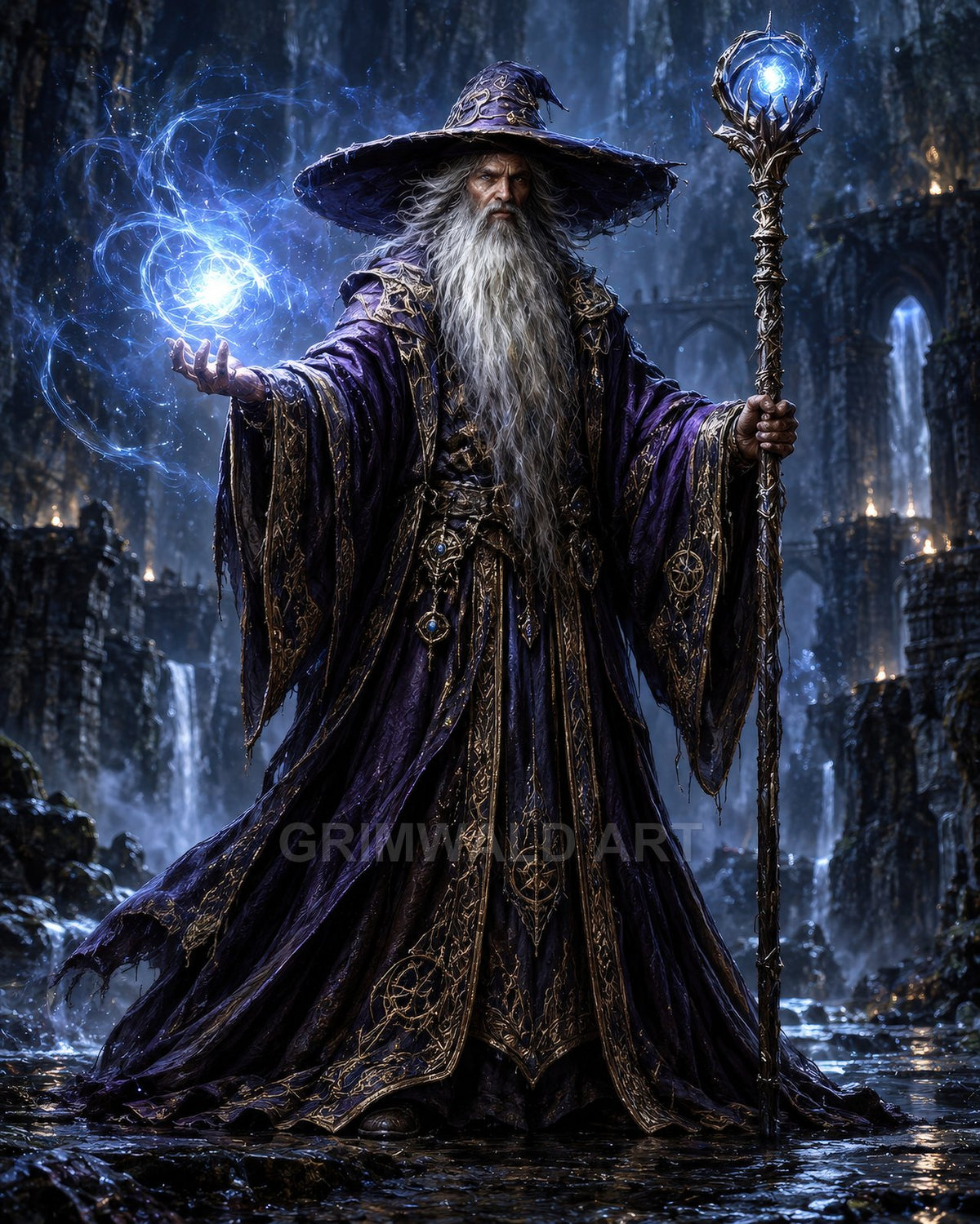 Bearded wizard in ornate purple robes conjures blue magic and holds a glowing staff, standing in moonlit gothic ruins with dripping arches.
