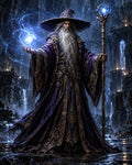 GRID THUMBNAIL — Bearded wizard in ornate purple robes conjures blue magic and holds a glowing staff, standing in moonlit gothic ruins with dripping arches.