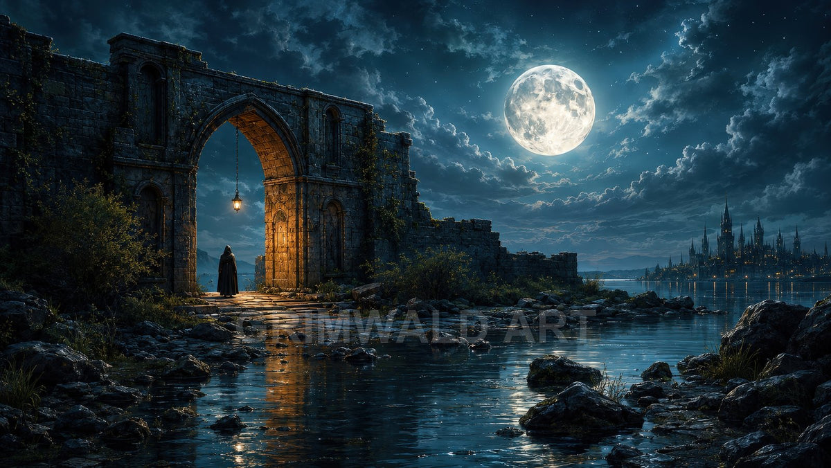 Moonlit ruins with a glowing lantern under a stone arch, cloaked figure by a reflective lake, distant spired city beneath dramatic clouds.