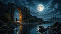 GRID THUMBNAIL — Moonlit ruins with a glowing lantern under a stone arch, cloaked figure by a reflective lake, distant spired city beneath dramatic clouds.
