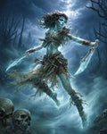 GRID THUMBNAIL — Ghostly female warrior with twin spectral daggers hovers above a misty swamp under a moonlit sky, tattered garments streaming, skulls and dead trees around her.