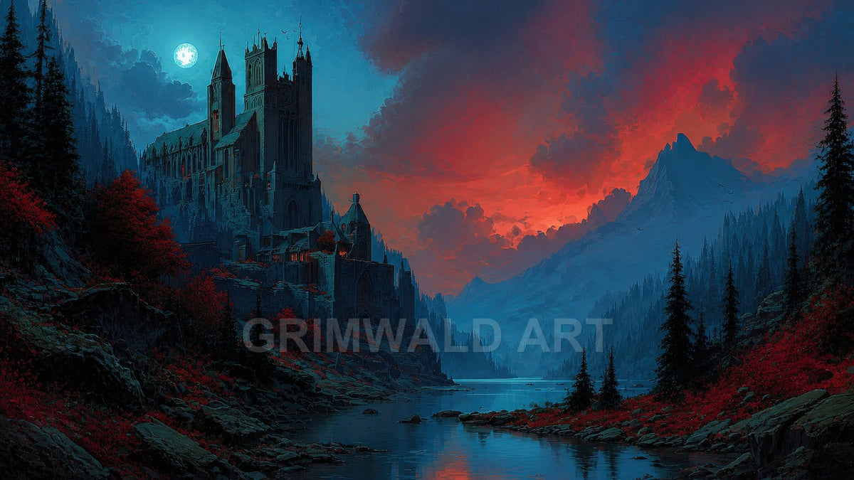 Gothic castle above a reflective river in a pine valley, under a bright moon and vivid red-blue twilight clouds with distant mountains.