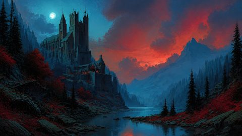 GRID THUMBNAIL — Gothic castle above a reflective river in a pine valley, under a bright moon and vivid red-blue twilight clouds with distant mountains.