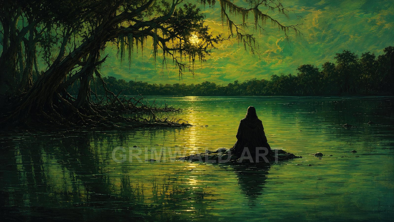Moonlit swamp with moss-draped trees and a cloaked figure sitting on a small rock in still water, greenish nocturnal light.