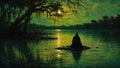 GRID THUMBNAIL — Moonlit swamp with moss-draped trees and a cloaked figure sitting on a small rock in still water, greenish nocturnal light.