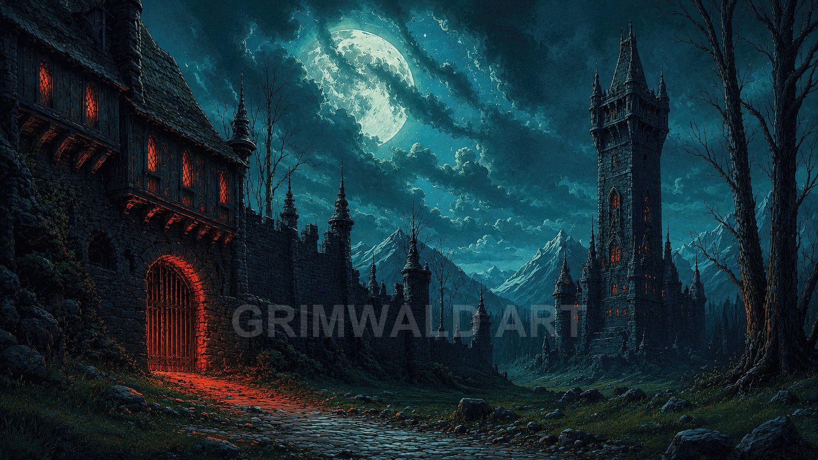 A gothic stone castle with glowing red windows and gate under a vast full moon, flanked by mountains, clouds, and dark ramparts.