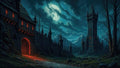 GRID THUMBNAIL — A gothic stone castle with glowing red windows and gate under a vast full moon, flanked by mountains, clouds, and dark ramparts.