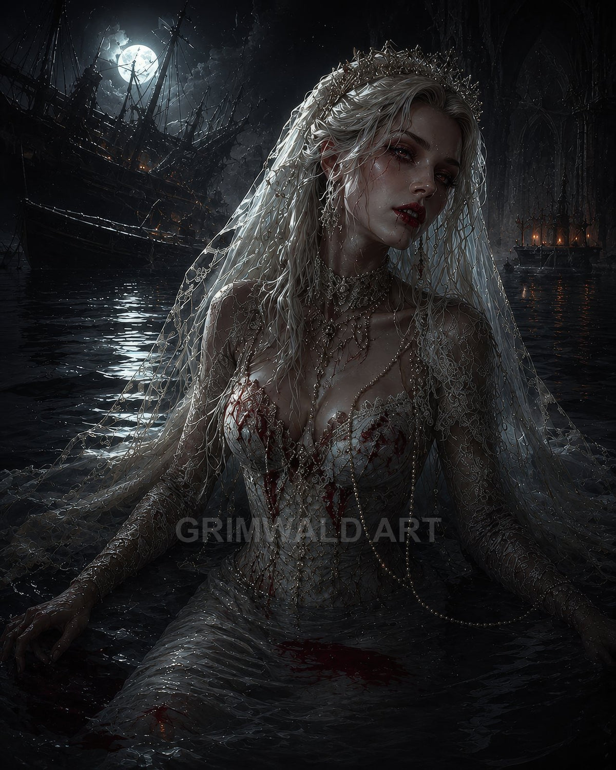 Pale vampire bride in jewelled crown and torn lace gown, bloodstained, waist-deep in moonlit water beside tall-masted ships and gothic architecture.