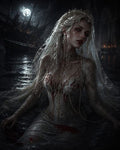 GRID THUMBNAIL — Pale vampire bride in jewelled crown and torn lace gown, bloodstained, waist-deep in moonlit water beside tall-masted ships and gothic architecture.
