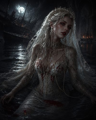GRID THUMBNAIL — Pale vampire bride in jewelled crown and torn lace gown, bloodstained, waist-deep in moonlit water beside tall-masted ships and gothic architecture.