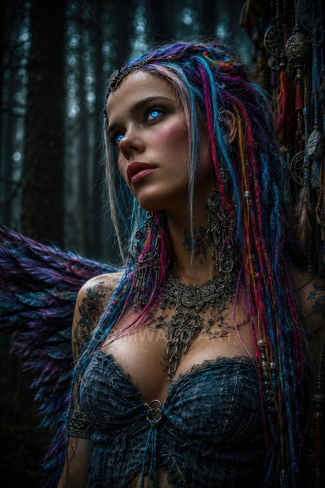 A blue-eyed winged woman with multicoloured braided hair, ornate silver jewellery and tattoos stands in a misty forest at moonlight, gazing upward.